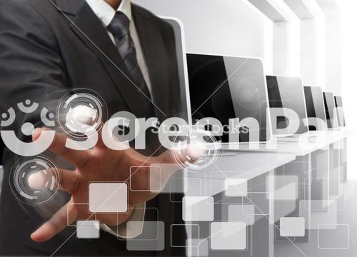 Business Man Hand Controls Computer Room